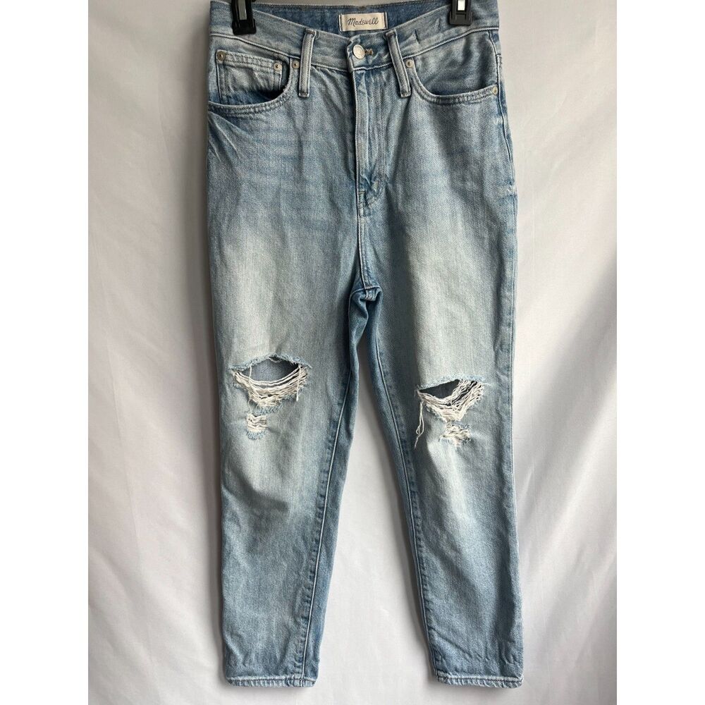 Madewell The Mom Jean Rigid Denim High Waisted Light Wash Retro 26 Distressed